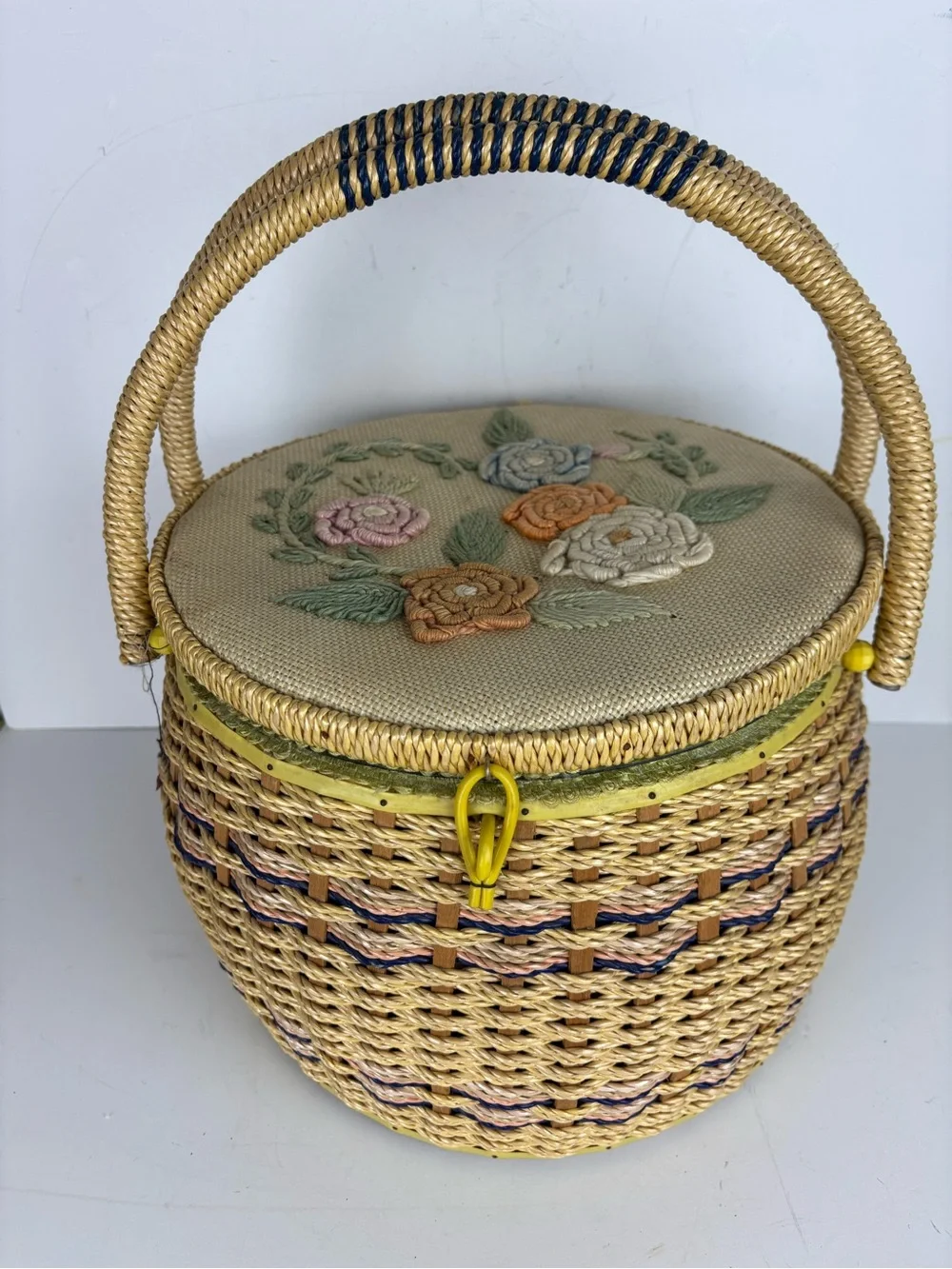 Vintage Sewing Basket-Round w/ Embroidered Floral Lid-Granny Chic